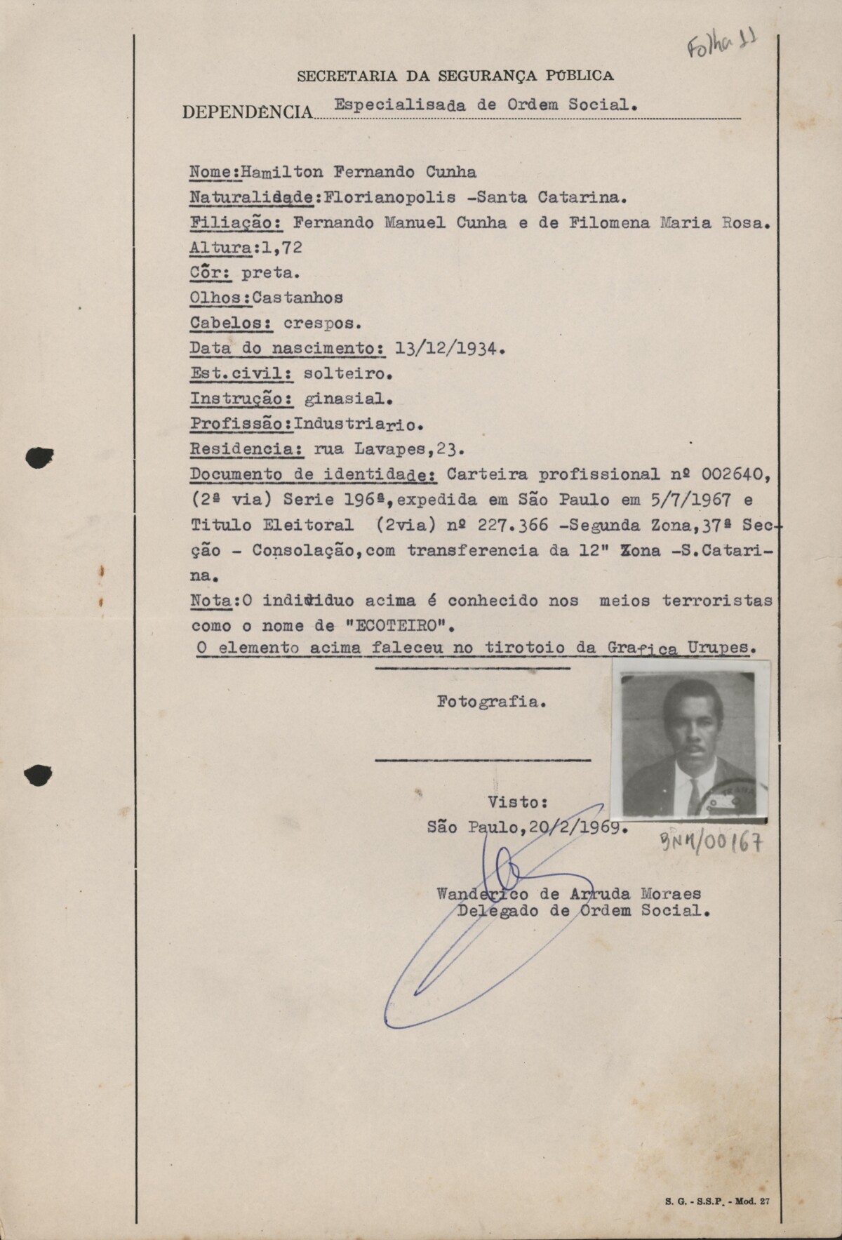 Ficha da Secretaria de Segurança Pública