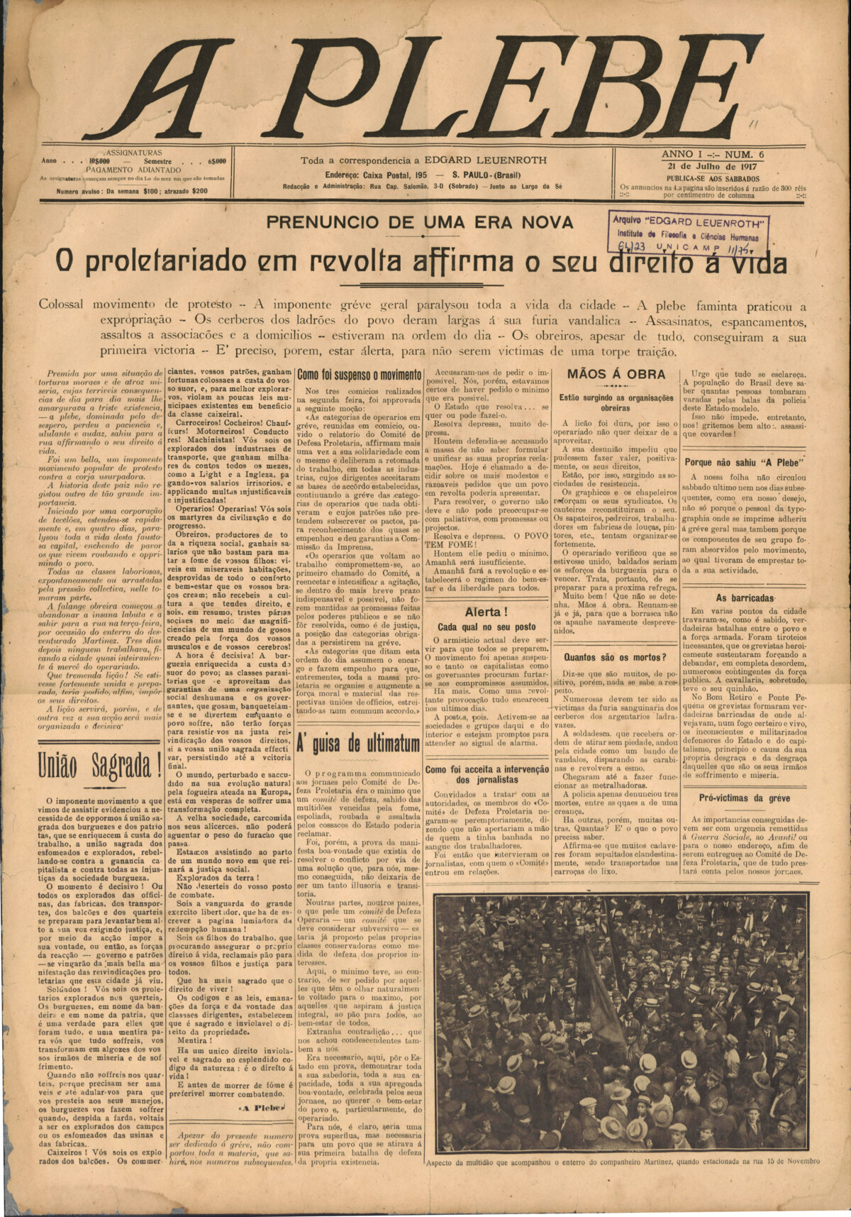 Jornal A Plebe, fundado durante a greve geral  de 1917